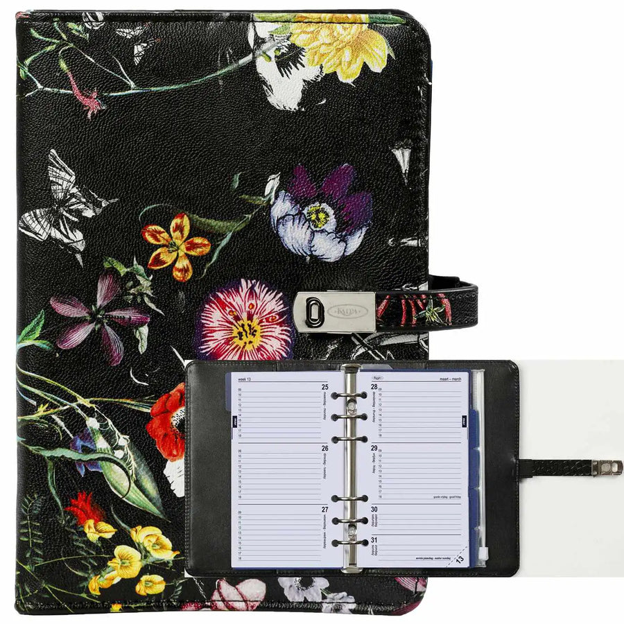 1111-12 Nachfüllbar Personal 6 Ringbindemittel Agenda Blumen von Blüte schwarz