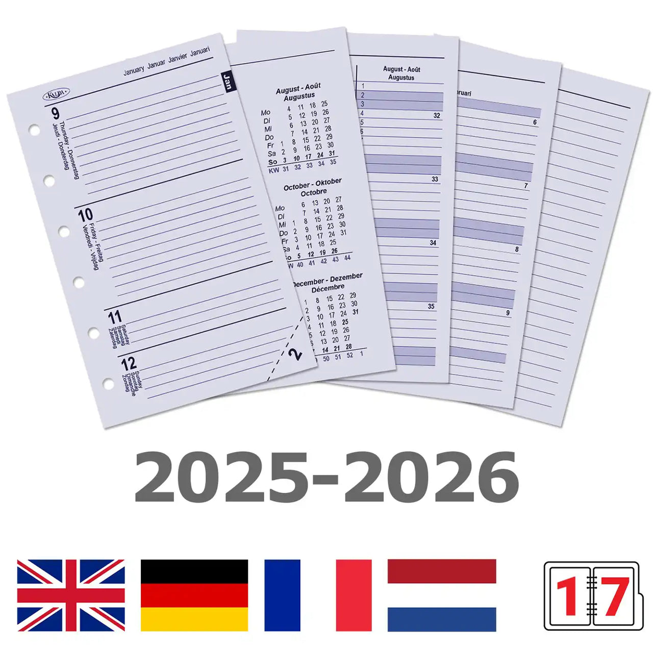 6236-25-26 125 x 80 mm Tasche Kalender Ersatzeinlagen Wöchentlich EN DE FR NL 2026