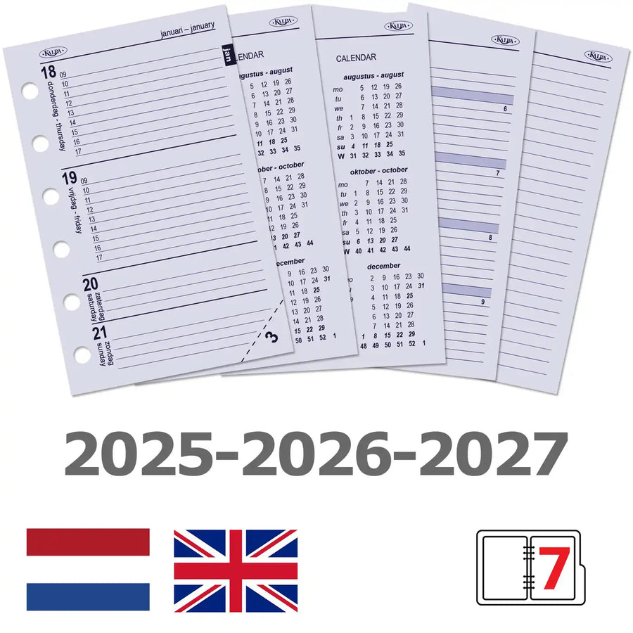 6237-25-26-27 125 x 80 mm Pocket Agenda Nachfüllpapier Wöchentlich NL EN 2026 2027