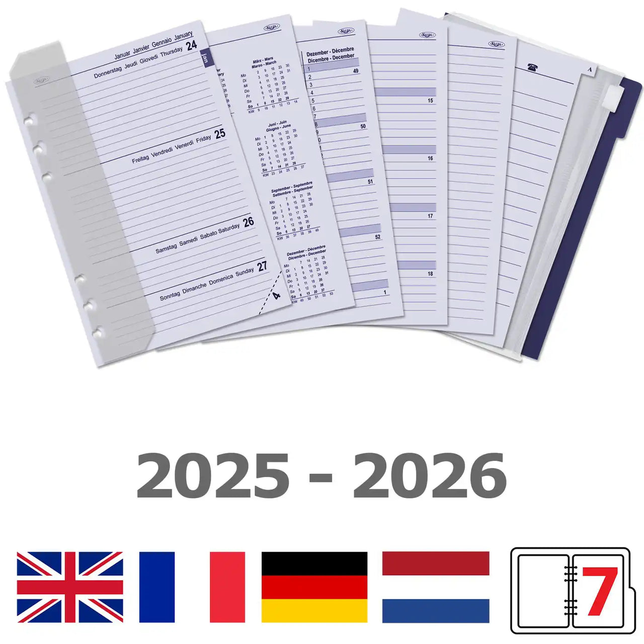 6306-25-26 210 x 144 mm A5 6 Ring Agenda Planner Inserts 1 Week per 2 Paginas Jaardoos EN DE FR NL 2026