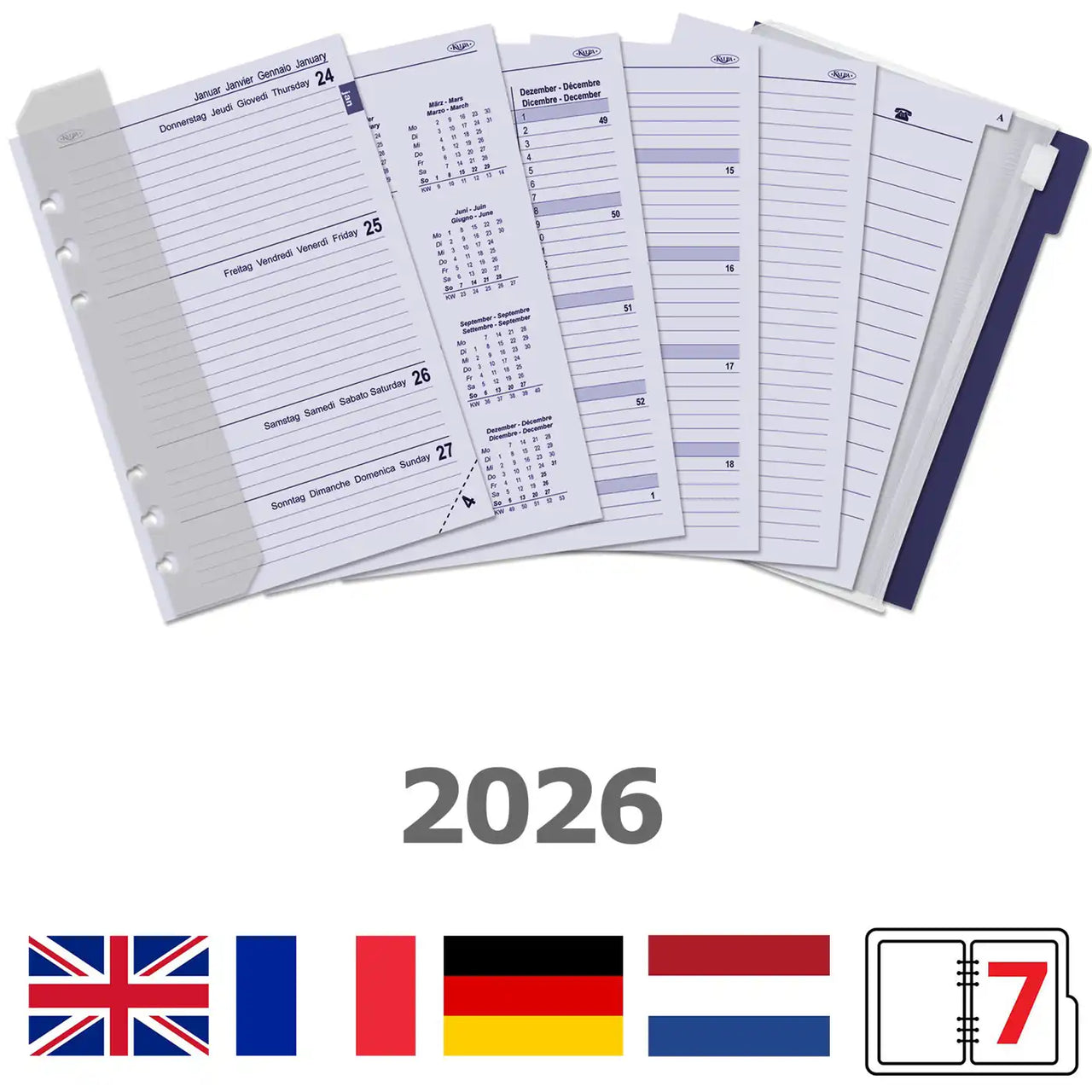 6306-26 210 x 144 mm A5 6 ringdagboek Vulling 1 Week per 2 Paginas Jaardoos EN DE FR NL 2026