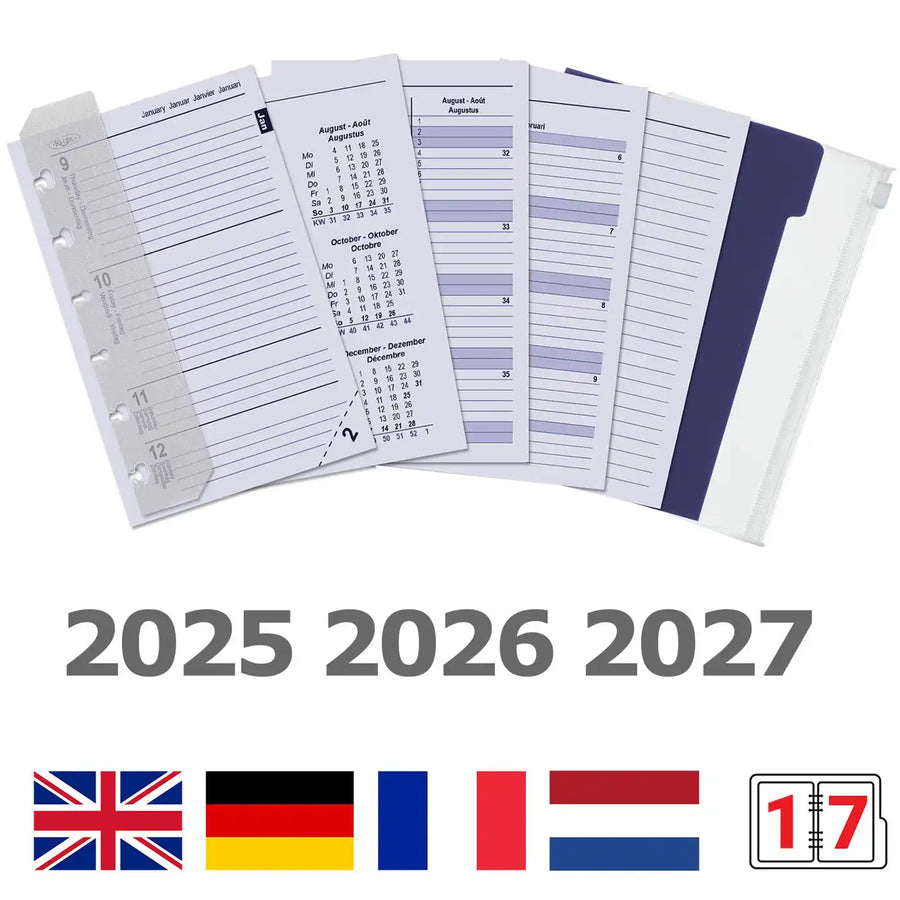 6336-25-26-27 125 x 80 mm Taschenplaner-Füllung Wöchentlich komplettes Set EN FR DE 2026 2027