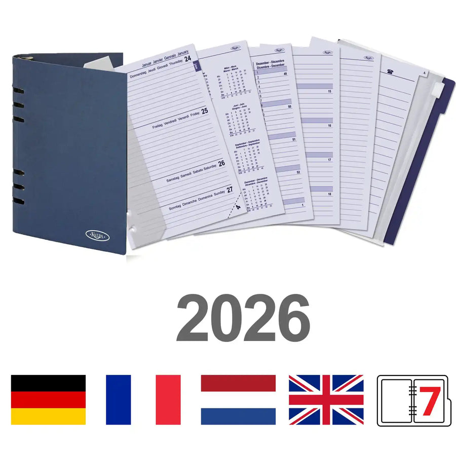 6406-26 210 x 144 mm A5 Binderinserts 1 Week per 2 Paginas EN FR DE NL (Een beetje roest op de ringbinder!) + opbergmap 2026
