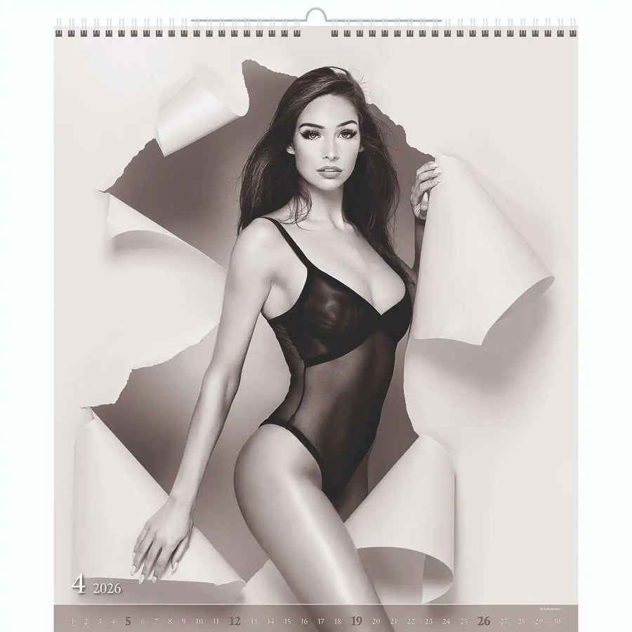 Schwarz -Weiß -Nude XL -Kalender 45 x 52 cm + kostenlose Cutepinups 2026 + 2027 Kalender + kostenloser 2025 Kalender