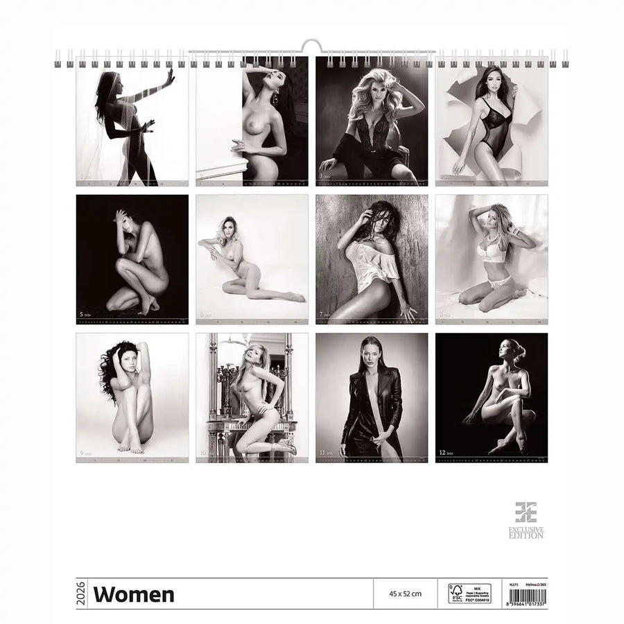 Nacktschwarz-Weiß-Kalender A2 2026+ Kostenloser 2025 Kalender