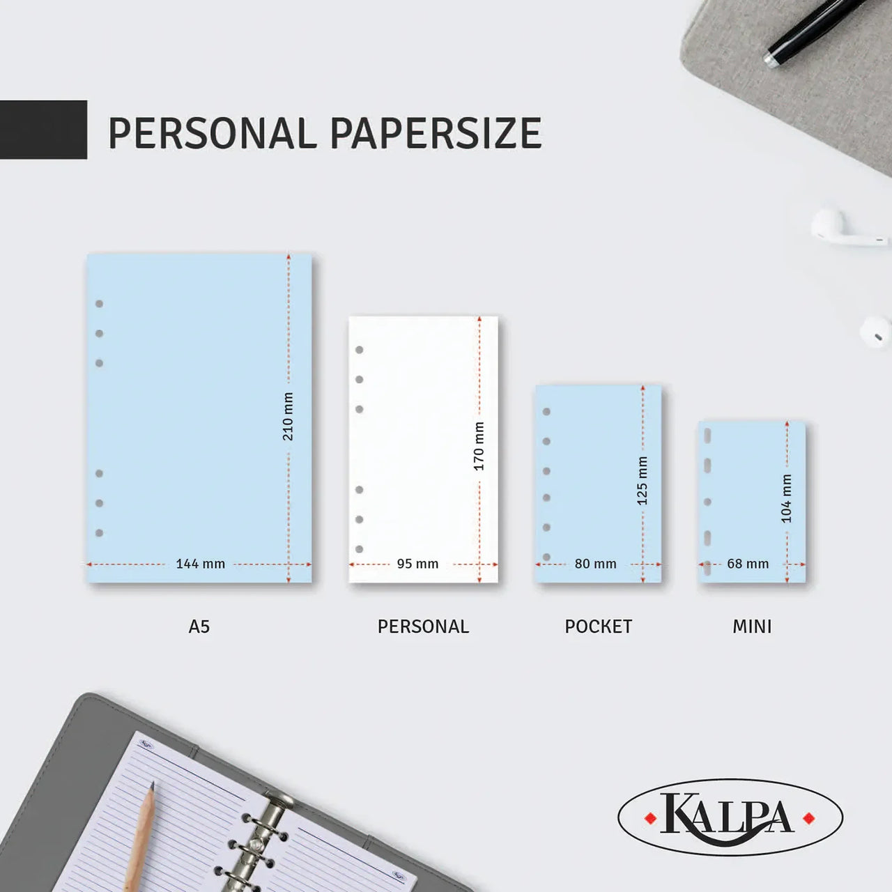 Personal organizer size chart