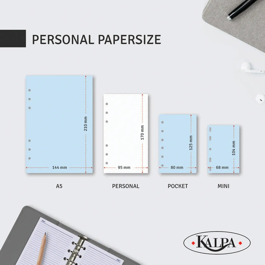 Personal organizer size chart