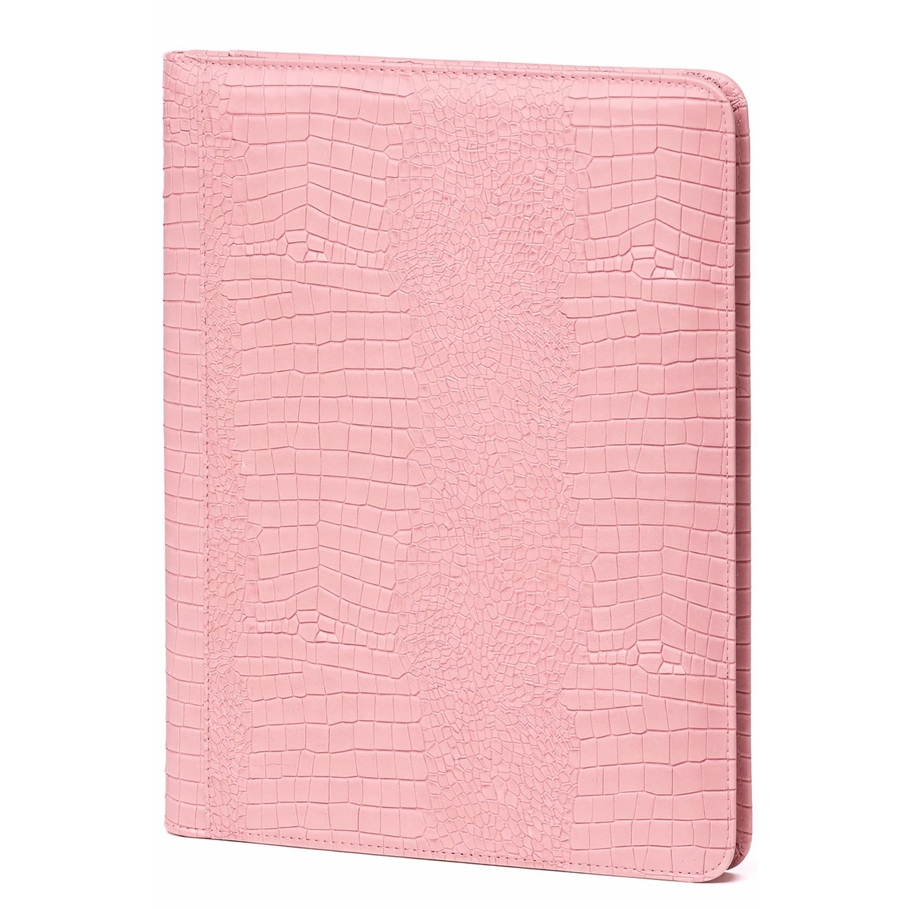 Roze krokodillentextuur tablethoesje op een witte achtergrond