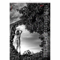 Calendar with a black and white photo of a person on rocks and trees, with dates listed vertically.