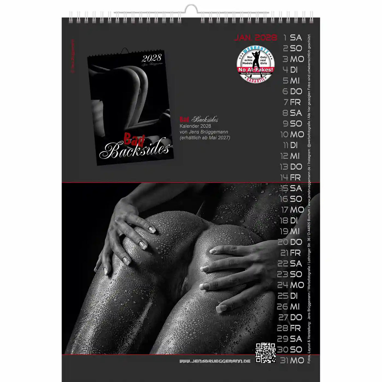 Calendar with a black and white image of two people embracing, featuring the brand 'Bad Backsides'.