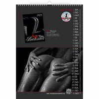 Calendar with a black and white image of two people embracing, featuring the brand 'Bad Backsides'.