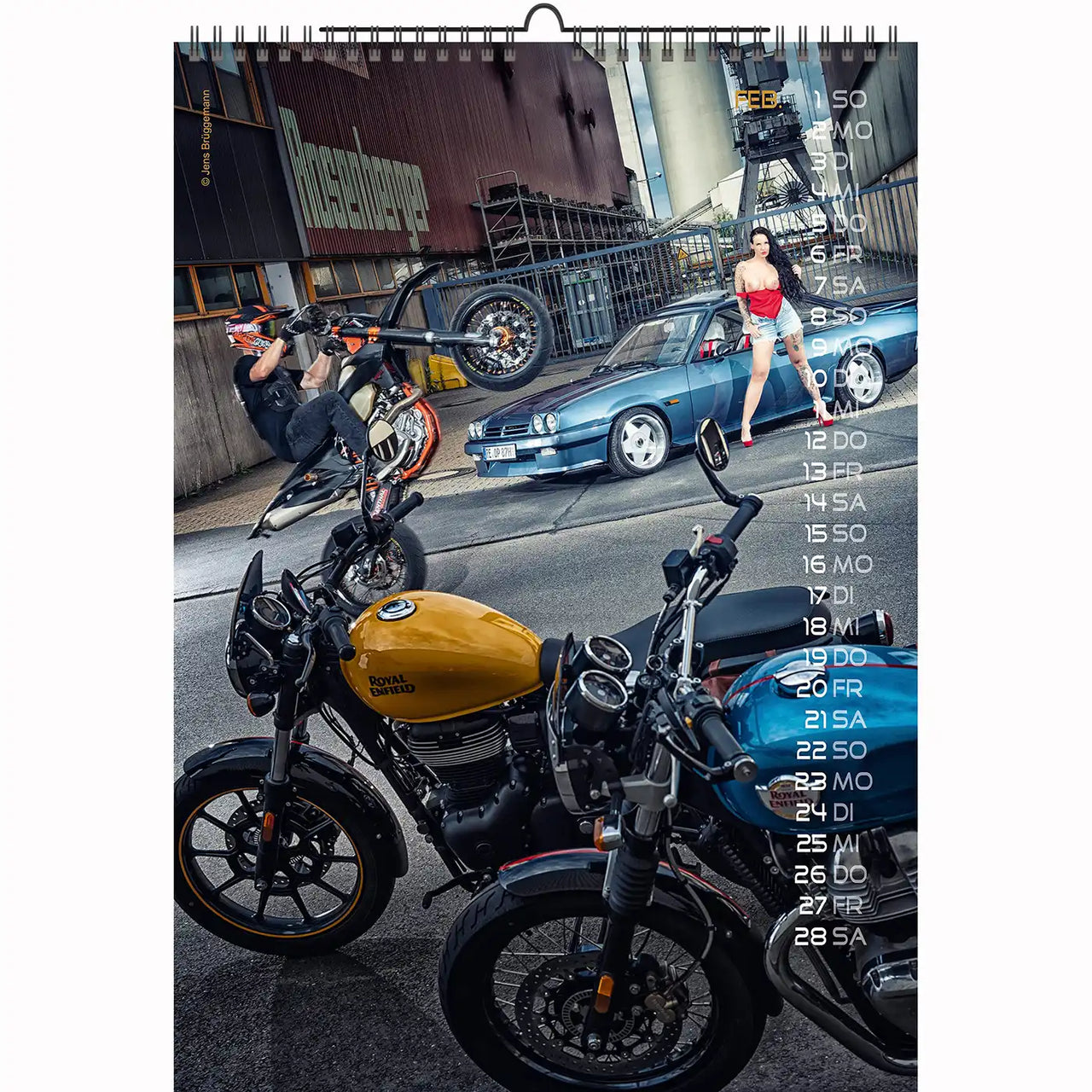 Urban motorcycle stunt scene with two Royal Enfield bikes and a model in red – from 2026 calendar series