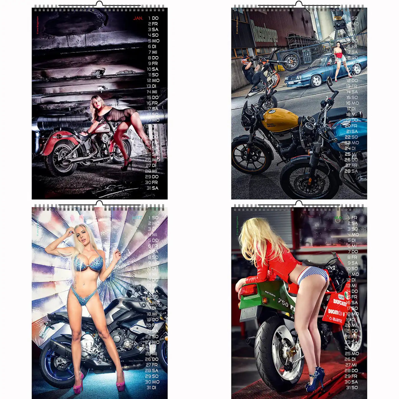 2026 Calendar Pages Featuring Girls and Motorcycles – Artistic Pin-Up Photography with Models in Biker and Fantasy Styling