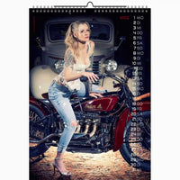 Calendar with a woman on an Indian motorcycle and vintage truck in the background