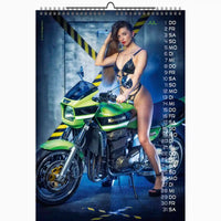 woman on a green kawasaki bike wearing leather lingerie