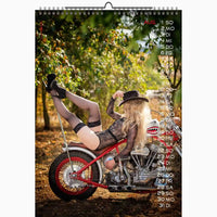 calendar with woman laying on a red bike wearing a see-trough bodysuit with a white background
