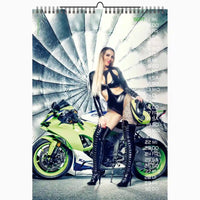 Calendar with a woman in a black outfit sitting on a green motorcycle.