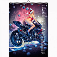 Calendar cover with a woman in a Santa hat sitting on a motorcycle, surrounded by festive decorations.