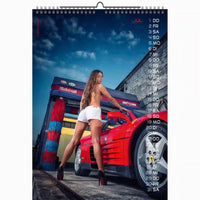 Calendar with a woman standing next to a red sports car in front of a colorful building.