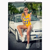 Calendar page with a woman in a yellow 'Los Angeles' outfit sitting on a white car.