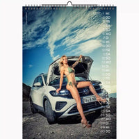 Calendar with a woman in a bikini standing next to an open car trunk on a scenic background.
