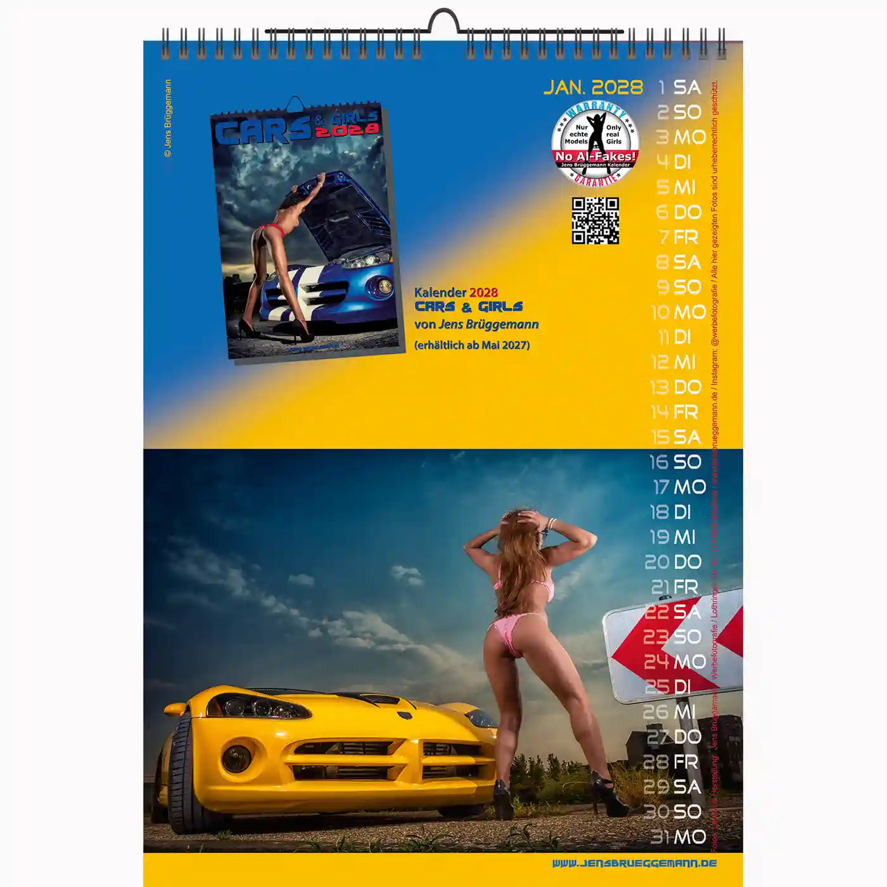 Calendar with images of a car and a person in a bikini, featuring a blue sky and yellow car.