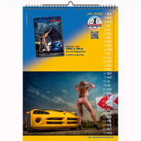 Calendar with images of a car and a person in a bikini, featuring a blue sky and yellow car.