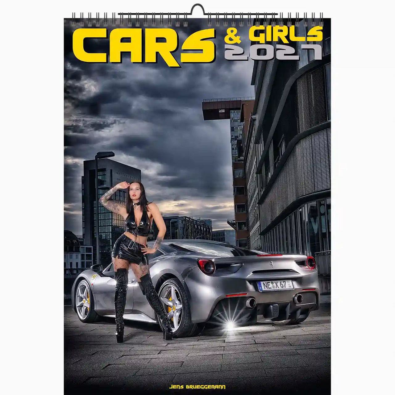 Calendar cover featuring a car and a person in an urban setting with 'CARS & GIRLS 2021' text.