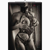 Calendar with a black and white image of a person wearing a detailed corset.