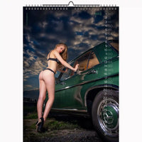 Calendar with a woman leaning against a green car under a cloudy sky