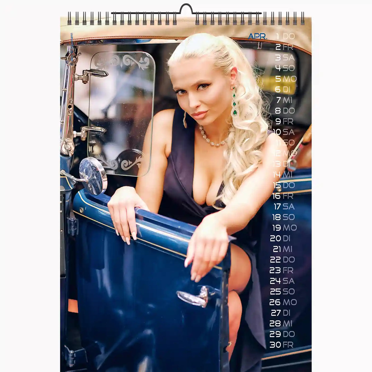 Calendar with a woman leaning on a vintage car, featuring a grid layout.