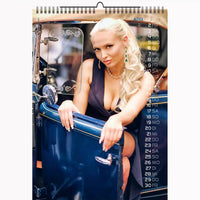 Calendar with a woman leaning on a vintage car, featuring a grid layout.