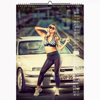 Calendar with a woman posing in front of a car, featuring a blurred street background.