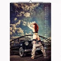 Calendar with a scenic background and a car, featuring a person in a bikini.