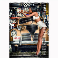 Calendar with a woman leaning on an old car in a garage setting