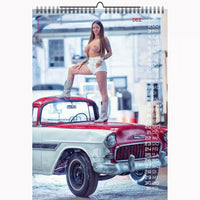Calendar with a woman standing on a classic car in an industrial setting