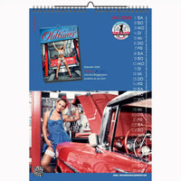 Calendar with a model posing next to a red vintage car, featuring a blue cover with text and images.