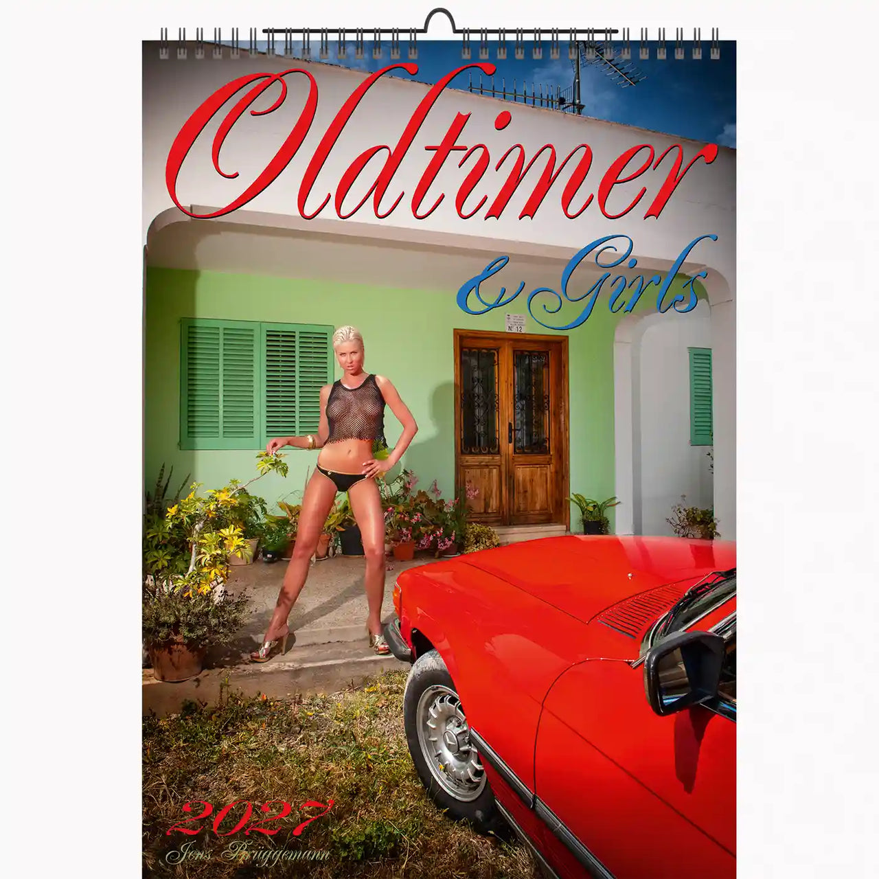 Calendar cover featuring a woman in a swimsuit and a red car in front of a house.