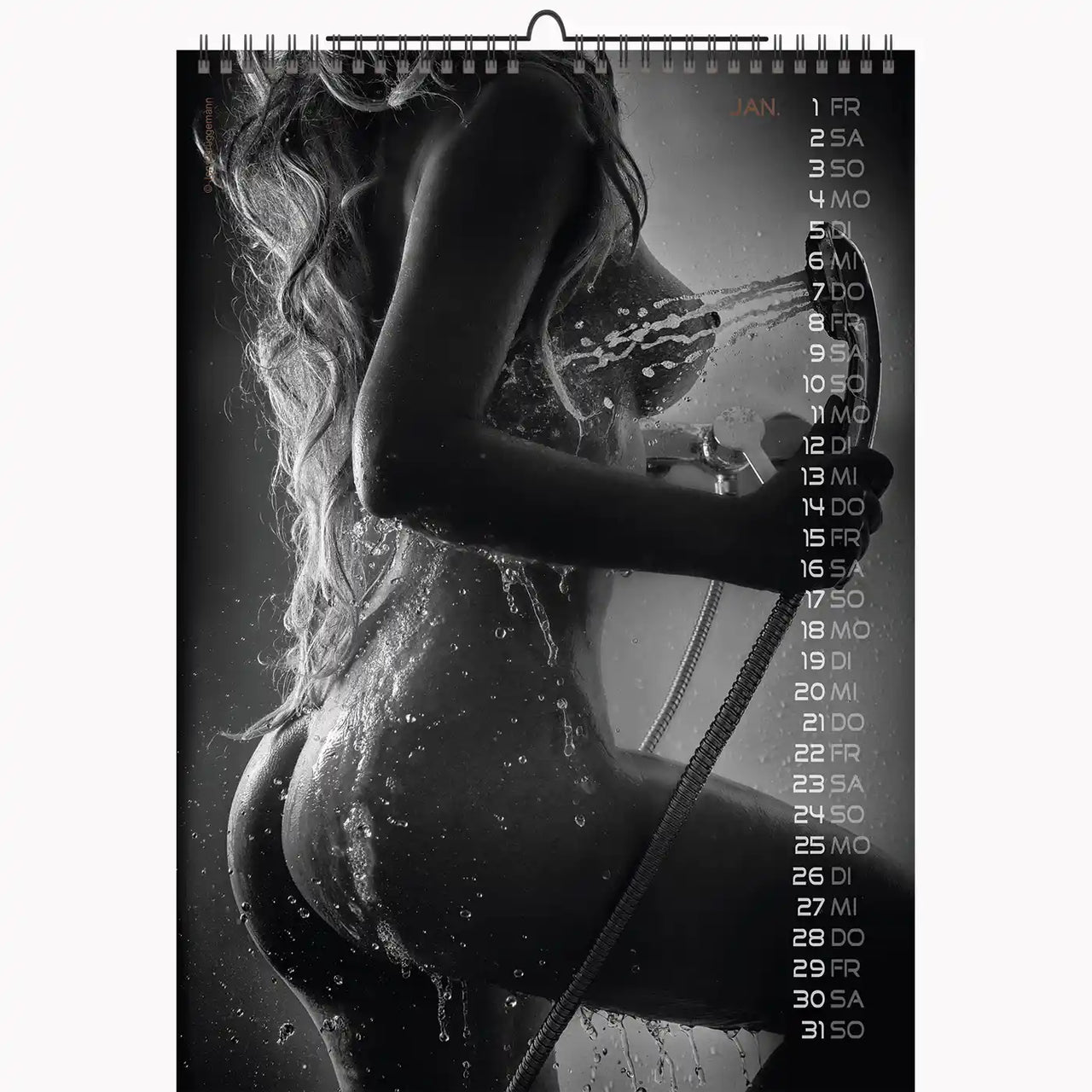 Calendar with a black and white image of a woman in water, with visible dates on the right side.