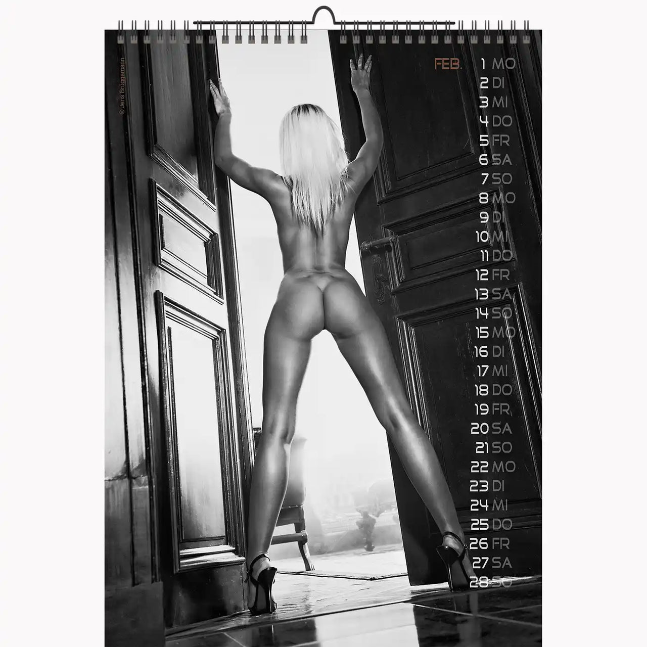 Calendar with a black and white image of a woman in a doorway.