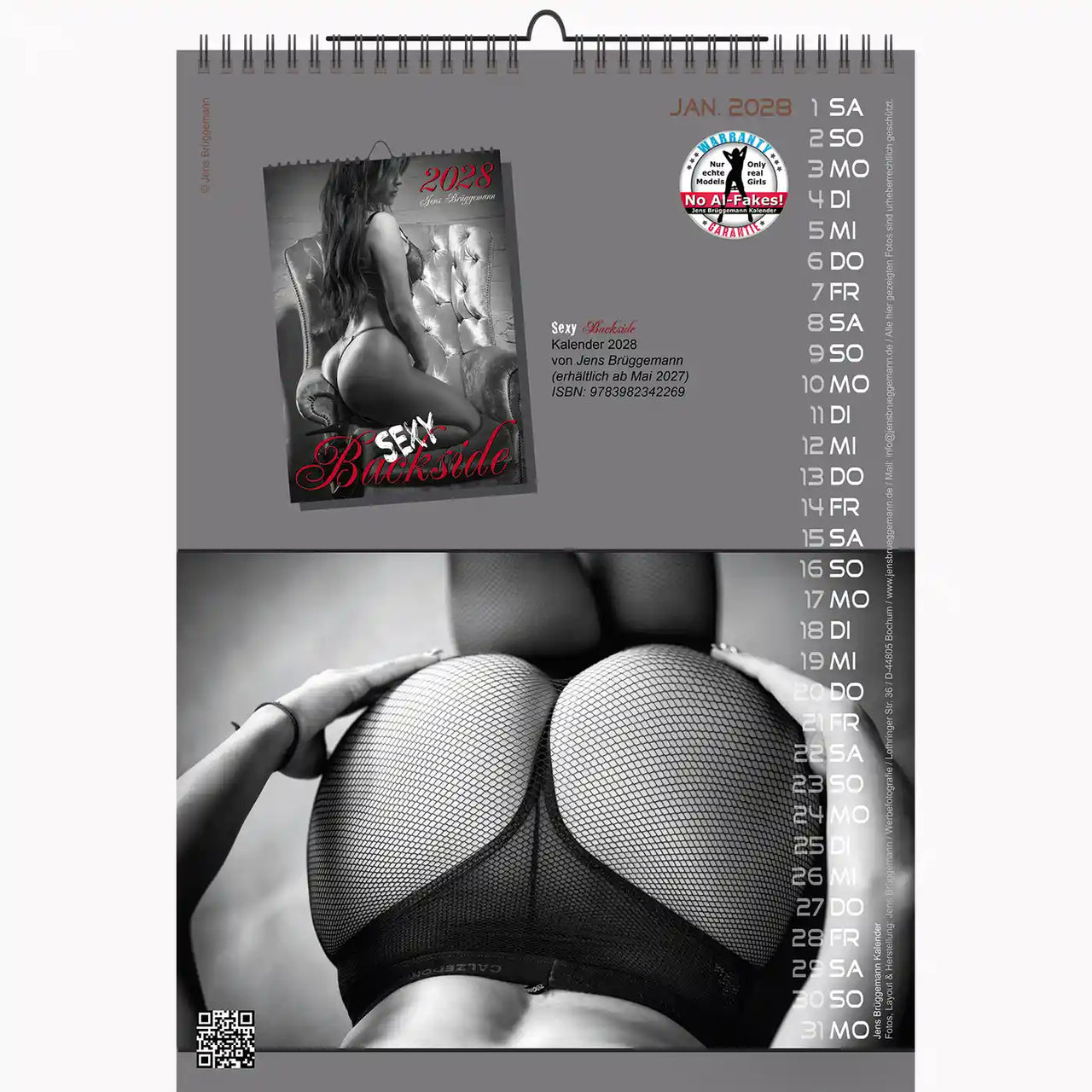 Calendar with a black and white image of a person wearing fishnet stockings on a gray background.