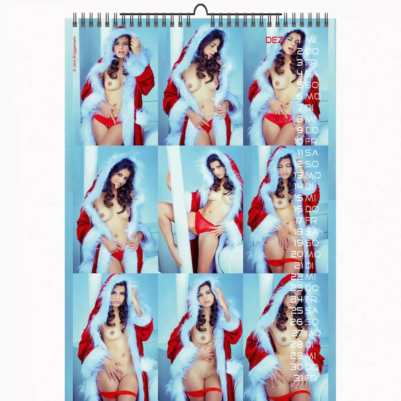 Calendar with multiple images of a person in a Santa Claus outfit on a white background