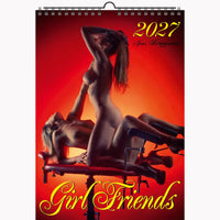 calendar with 2 naked woman on a bench with a red background