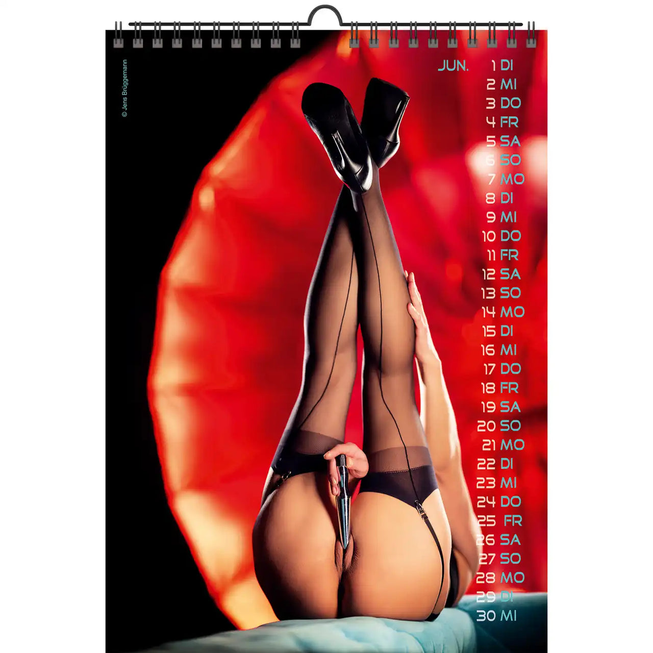 Calendar with a stylized image of legs in stockings against a red background