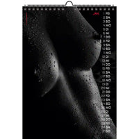 Kalender met zwart-wit abstract ontwerp op een witte achtergrond