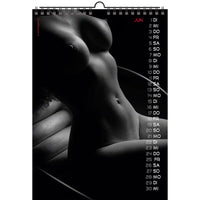 Kalender met een zwart-wit afbeelding van een naakt figuur op een witte achtergrond