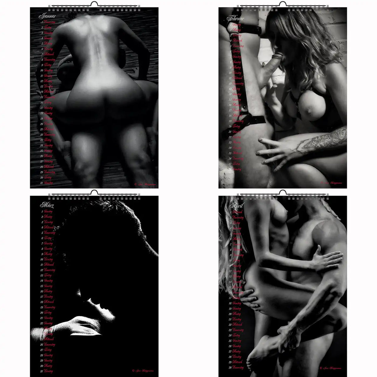 Series of sensual monochrome calendar images depicting erotic acts between couples, including oral sex, body worship, and intimate embraces in dramatic lighting