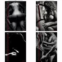 Series of sensual monochrome calendar images depicting erotic acts between couples, including oral sex, body worship, and intimate embraces in dramatic lighting