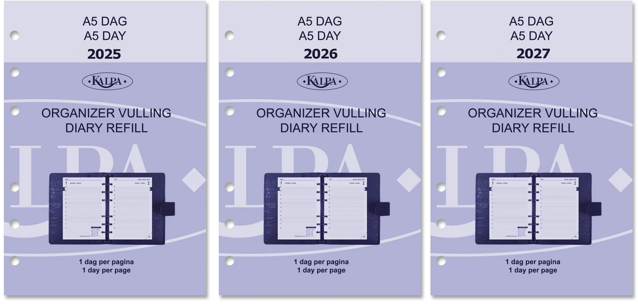 6301-25-26-27 210 x 144 mm A5 Planner Refills 1 day per page complete 2025 2026 2027 NL EN