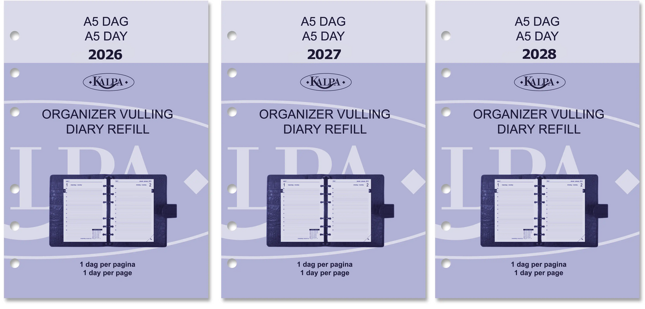 6301-26-27-28 210 x 144 mm A5 Planner Refills 1 day per page complete 2025 2026 2027 NL EN